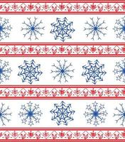 Seamless vector pattern in ethnic style with red borders and blue snowflakes. Winter geometric seamless pattern. Design for wrapping paper or clothes texture. Vector illustration.