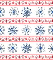 Seamless vector pattern in ethnic style with red borders and blue snowflakes. Winter geometric seamless pattern. Design for wrapping paper or clothes texture. Vector illustration.