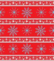 Seamless vector pattern in ethnic style with white borders and blue snowflakes on a red background. Winter geometric seamless pattern. Design for wrapping paper or clothes texture. Vector illustration