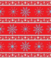 Seamless vector pattern in ethnic style with white borders and blue snowflakes on a red background. Winter geometric seamless pattern. Design for wrapping paper or clothes texture. Vector illustration