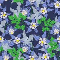 Seamless vector pattern with columbine flowers on deep blue background. Stock line vector illustration. T-shirt design, textiles, fabrics, covers, wallpapers, print, wrapping gift