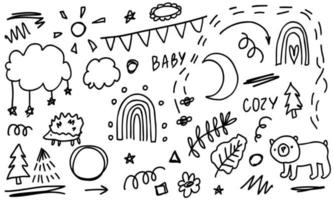 Cute doodle with nature, sun, trees, clouds, summer background. Hand drawn cute line vector illustration.