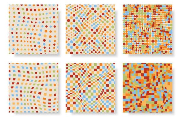 set of groovy hippie backgrounds checkerboard chessboard mesh waves patterns in trendy retro style