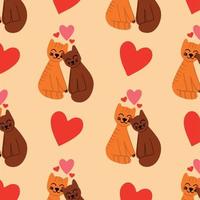 Charming patern with pair of cats and hearts on colored background. Vector illustration. Image can be used as design for gift paper for postcards of thematic goods sites