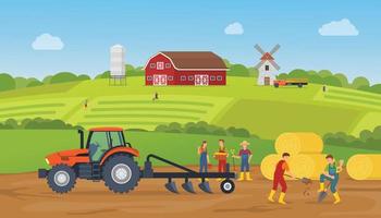 farm land scenery landscape with farmer and farming village with modern flat style vector