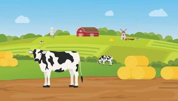 Granja ganadera con vaca en tierras de cultivo con montañas verdes vector