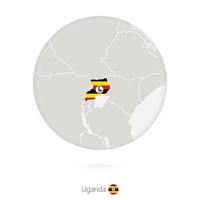 mapa de uganda y bandera nacional en un círculo. vector