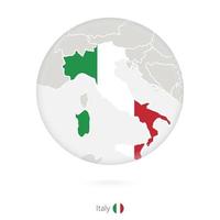 mapa de italia y bandera nacional en un círculo. vector