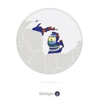 mapa del estado de michigan y bandera en un círculo. vector