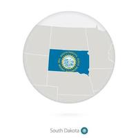 Map of South Dakota State and flag in a circle. vector