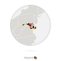 Map of Maryland State and flag in a circle. vector