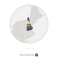 Map of New Hampshire State and flag in a circle. vector