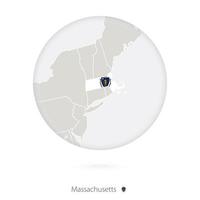 Map of Massachusetts State and flag in a circle. vector