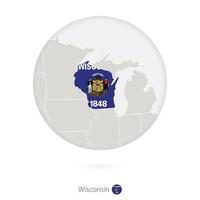 Map of Wisconsin State and flag in a circle. vector