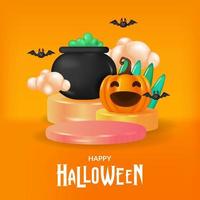 podium product display halloween concept with 3d cute illustration of jack o lantern and cauldron with orange background vector