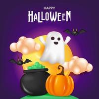 feliz espíritu fantasma de halloween con calabaza y caldero en el fondo de la noche púrpura