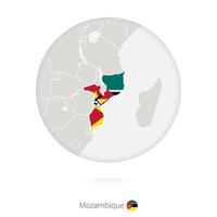 mapa de mozambique y bandera nacional en un círculo. vector