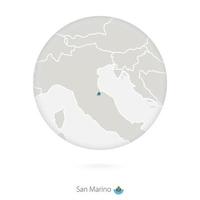 mapa de san marino y bandera nacional en círculo. vector