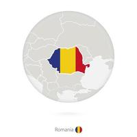 mapa de rumania y bandera nacional en un círculo. vector