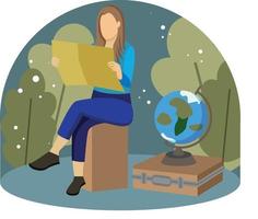 Woman thinking about traveling. Vector flat illustration. Vector illustration