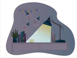 Desk with the lamp for study at night. Vector illustration