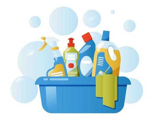 Bucket with cleaning supplies collection isolated on white background. Housework concept, design elements. Vector illustration