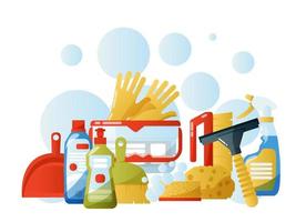 Bucket with cleaning supplies collection isolated on white background. Housework concept, design elements. Vector illustration