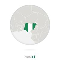 mapa de nigeria y bandera nacional en un círculo. vector