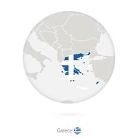 mapa de grecia y bandera nacional en un círculo. vector