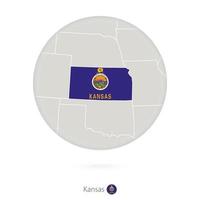 Map of Kansas State and flag in a circle. vector