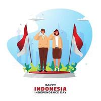 dos jóvenes celebrando el día de la independencia de indonesia vector