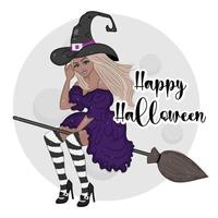 Halloween holiday Beautiful witch on a broom, fashion vector illustration print