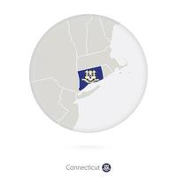 Map of Connecticut State and flag in a circle. vector