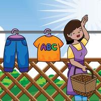 Mother Hang The Laundry Outside In Summer vector