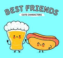 Cute, funny happy glass of beer and hot dog. Vector hand drawn cartoon kawaii characters, illustration icon. Funny cartoon glass of beer and hot dog mascot friends concept