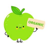 Cute funny green apple character with poster. Vector hand drawn cartoon kawaii character illustration icon. Isolated on white background. Green apple character concept