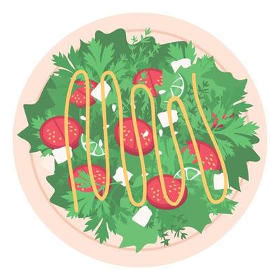 Tasty salad with tomatoes, lime, greens, feta cheese and sauce isolated on a white background.