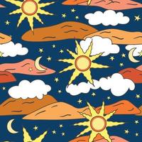 Vintage Retro Seamless Pattern with Sun, Desert, Clouds and Stars. Decorative Arizona Vibe Style Seamless Pattern vector