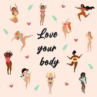 diferentes mujeres en trajes de baño, corazones y ramitas. Amo tu cita corporal. movimiento corporal positivo y diversidad de belleza. vector
