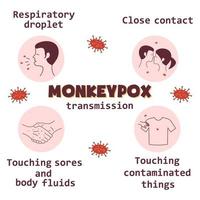 Monkeypox virus transmission infographics icons. Flat vector illustration for informing people about an infectious disease.
