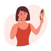 Sad woman with a rash on her face and hands looks in the mirror. Monkeypox virus , allergic itch, skin inflammation, redness, irritation, psoriasis, atopic dermatitis, eczema. vector