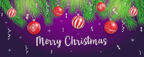 Christmas banner with baubles hanging on fir branches and confetti flying around. Merry Christmas text. vector