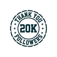 Gracias celebración de 20k seguidores, tarjeta de felicitación para 20000 seguidores en redes sociales. vector