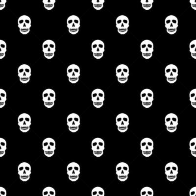 Seamless pattern with white icons. Design elements for halloween party poster. Flat cartoon illustration. Objects isolated on a black background.