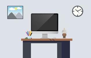 Interior office with computer with color pencils in a glass for work and Bubble milk tea on the table. So on the gray wall have picture frame and clock. Vector illustration
