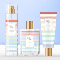 Vector Summer Theme Toiletries, Beauty or Fragrance Set with Perfume Bottle, Body or Facial Mist Spray Bottle Hand Cream Tube Packaging with Rainbow Stripe Pattern Design.