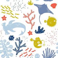 Vector Underwater World Kid or Child Seamless Pattern with Stingray, Puffer Fish, Lantern Fish Hammerhead Shark.