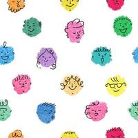 Vector colorful seamless pattern with hand drawn crayon abstract comic funny cute characters in modern cartoon style. For wallpaper, textile print, pattern fills, surface textures, wrapping paper