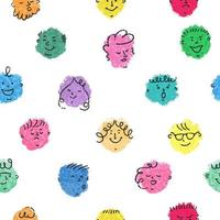 Vector colorful seamless pattern with hand drawn crayon abstract comic funny cute characters in modern cartoon style. For wallpaper, textile print, pattern fills, surface textures, wrapping paper