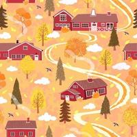 Vector seamless background with colorful illustration of autumn landscape with a house in the Scandinavian style. Use it for wallpaper, pattern fills, surface textures, textile print, wrapping paper